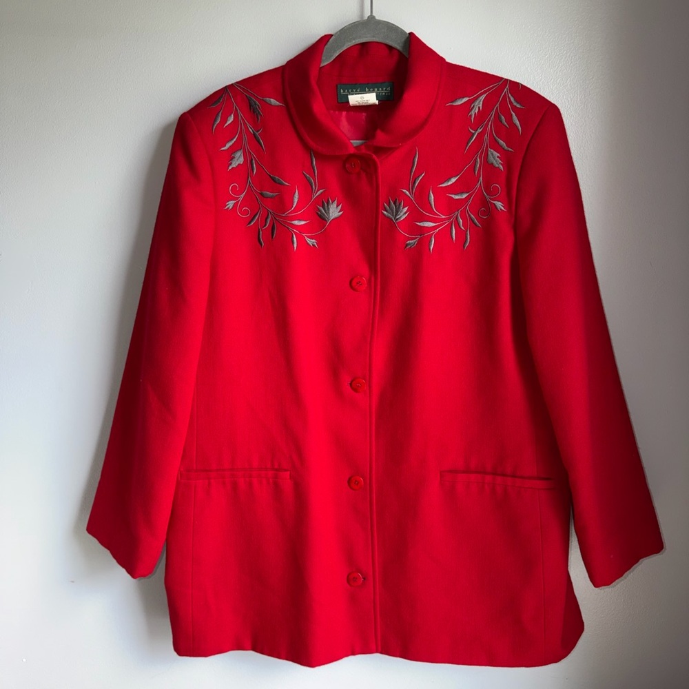 Harvé Benard Red Wool Embroidered Blazer Jacket Size 18